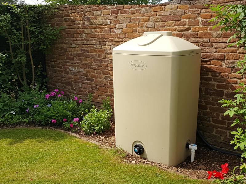 Récupérateur 300L rectangulaire beige installé contre un mur en brique