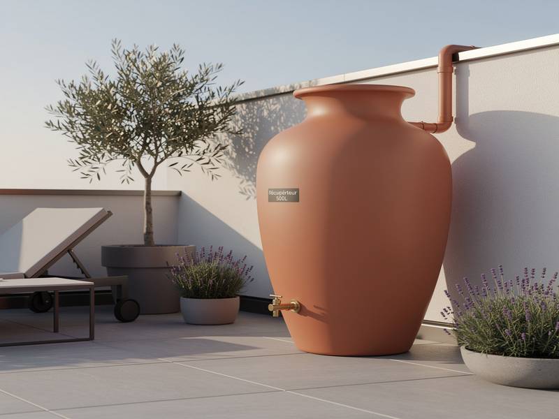 Récupérateur 500L design amphore installé sur une terrasse